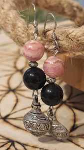 Boucles d'Oreilles Obsidienne & Rhodochrosite